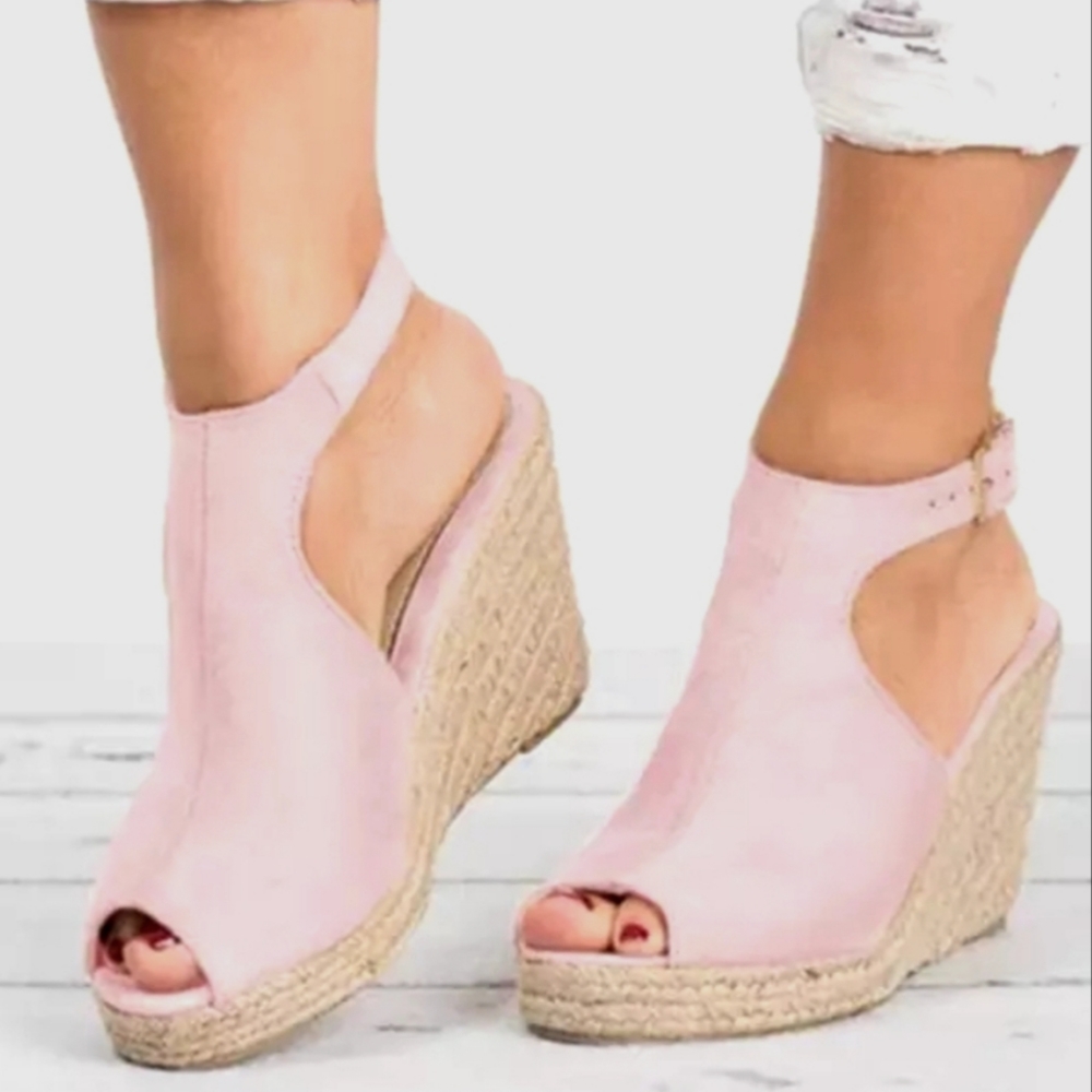 Light Pink Faux Suede Espadrille Wedge Sandals Size 7.5